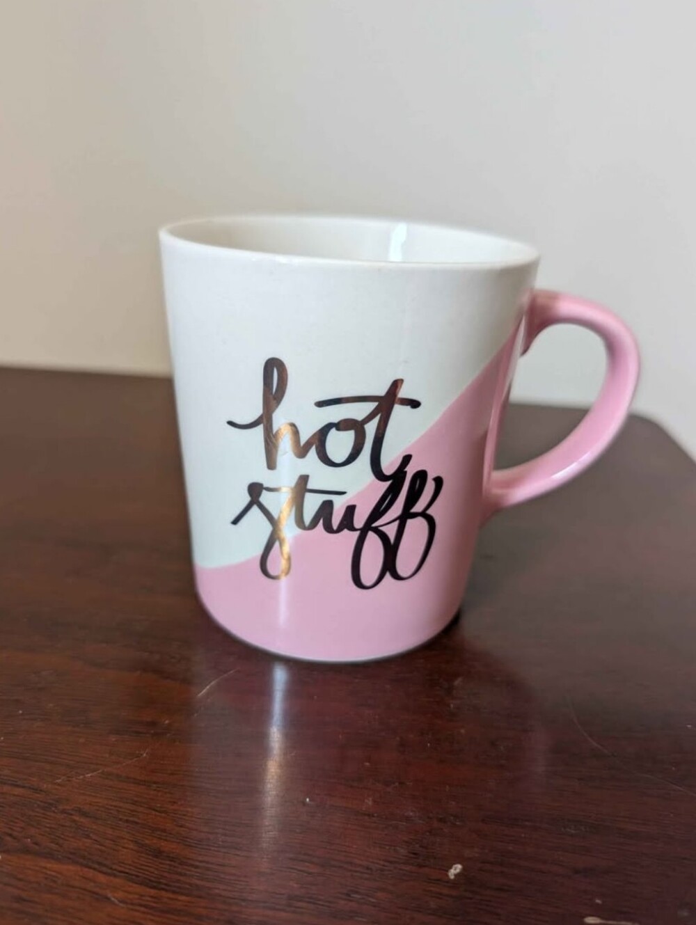 Pink & White "Hot Stuff" Ceramic Mug In Gold